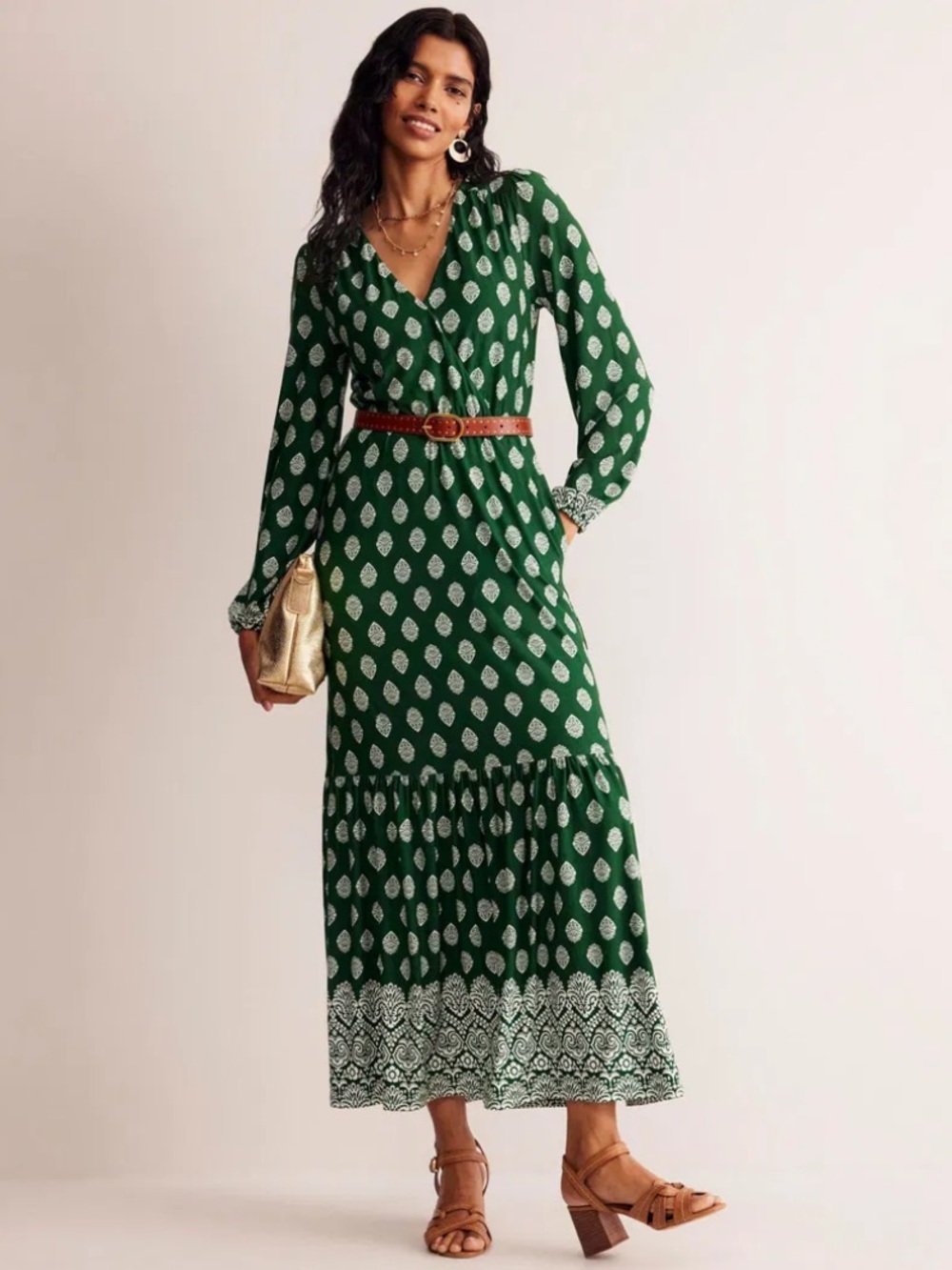 Boden Ophelia Jersey Wrap Maxi Dress Green Motif US 14R D1084